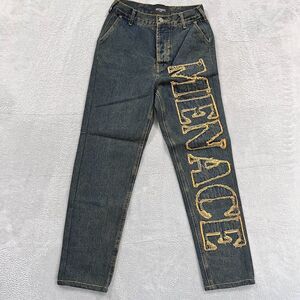 Menace Jeans Men's 26x28* Embroidered Button Fly Logo Slim Straight Blue‎ VTG